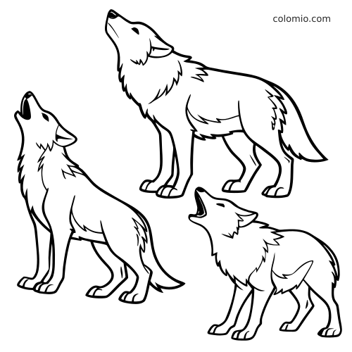 Zwart-witte kleurplaat met drie huilende wolven in een eenvoudige roedelscène, met één grote wolf en twee kleinere wolven.