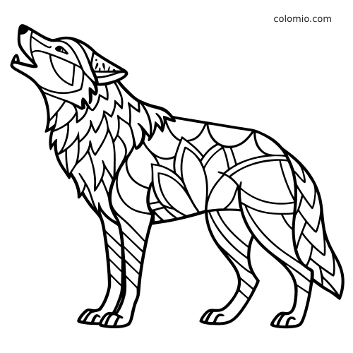 Zwart-witte zentangle kleurplaat van een staande, huilende wolf met gelaagde vachtvormen en decoratieve bladpatronen op het lichaam.