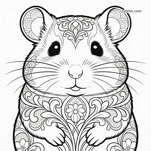 Front-facing hamster illustrated in an Art Nouveau style with ornate floral patterns across its fur and body.
