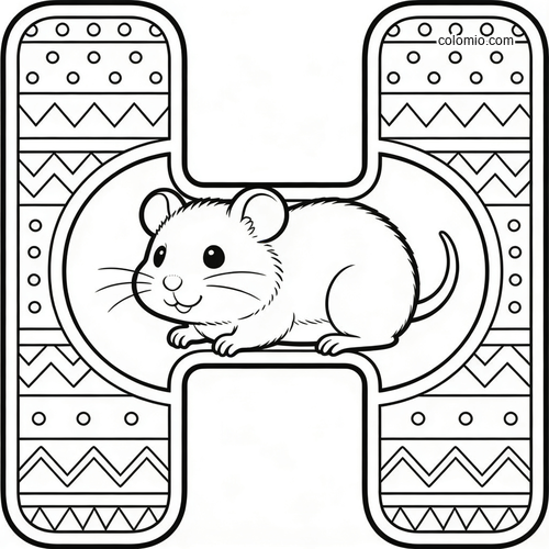 A large decorative letter H with patterned sections and a smiling cartoon hamster sitting across the middle.