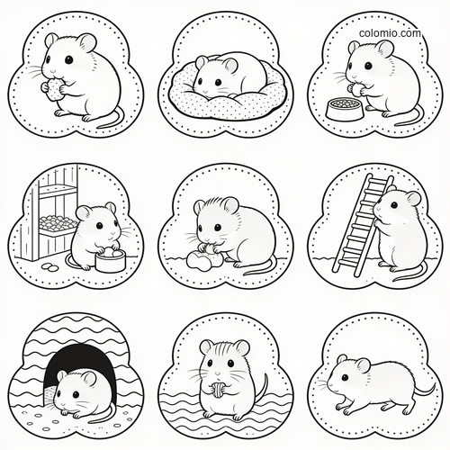 Black-and-white collage of nine cute hamster mini scenes, including eating, resting, climbing, and sitting in simple cartoon style.