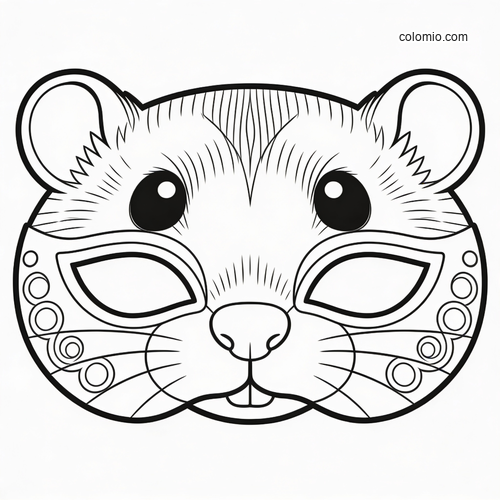 Black-and-white cute hamster mask template with large ears, big eyes, whiskers, and decorative cheek circles.