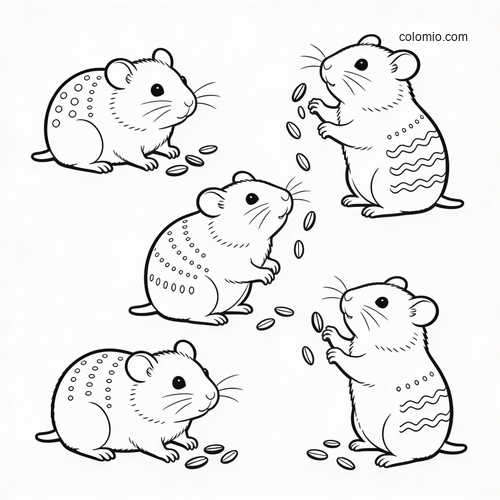 Black-and-white counting worksheet showing five cute hamsters with scattered seeds, some sitting and some standing.