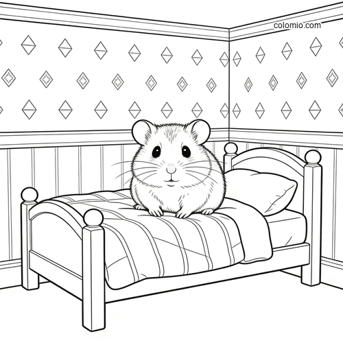 A cute hamster sits on a tiny bed in a small bedroom, shown in simple black-and-white line art.