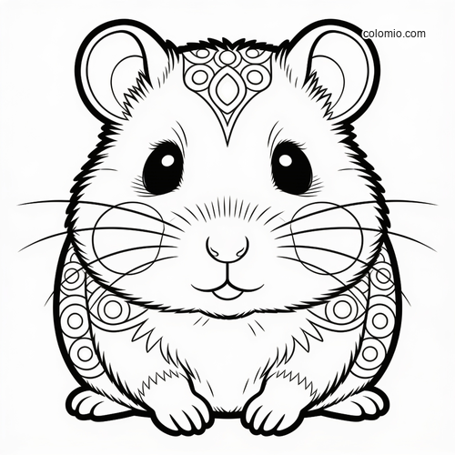 Front-facing cute baby hamster portrait with large eyes and decorative mandala-style patterns on its head and sides.