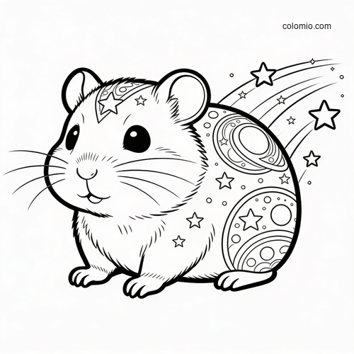 A cute hamster outlined in black and white with stars on its fur, planet patterns on its body, and a rainbow of stars behind it.