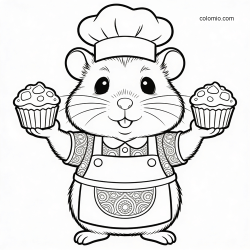 A cute hamster baker wearing a chef hat and apron, holding two cupcakes in a simple black-and-white cartoon style.