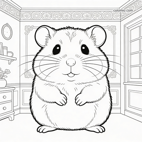 A giant fluffy hamster stands upright in a cozy room interior with decorative walls, a window, and simple black outlines.