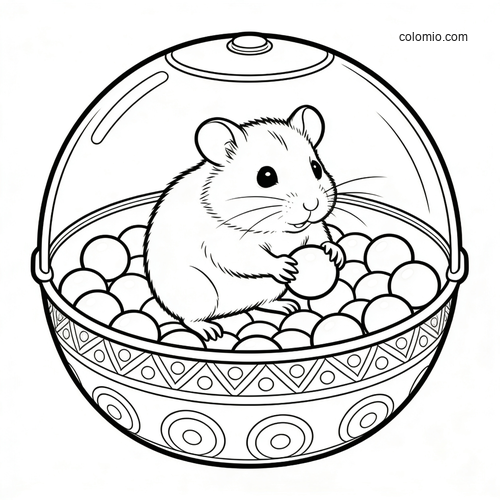 A cute hamster sits inside a round ball pit, holding a small ball in a simple black-and-white line drawing.