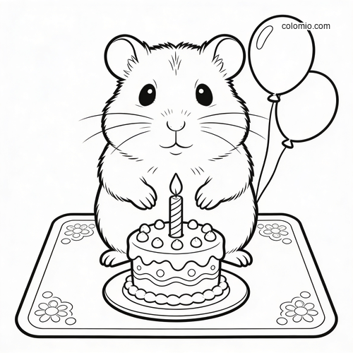 A cute hamster sits behind a birthday cake with one candle on a placemat, with two balloons in a simple line art style.