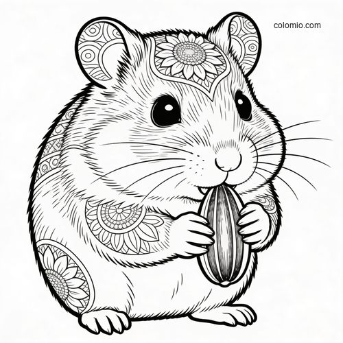 A detailed black-and-white hamster with floral and mandala patterns, holding and eating a large sunflower seed.