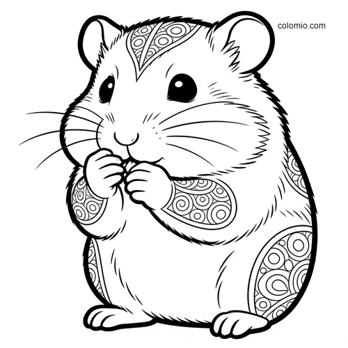 A cute hamster grooming itself with tiny paws, featuring decorative patterned patches on its fur in a black-and-white outline.