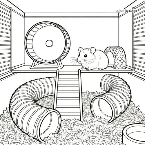 Black and white hamster habitat panorama with a hamster, exercise wheel, house, ramp, and two curved tunnels over bedding.