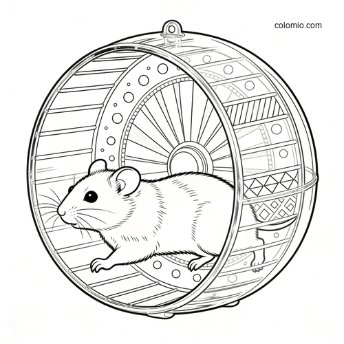 A small hamster inside a clear exercise ball, drawn in detailed line art with visible wheel spokes and panel patterns.