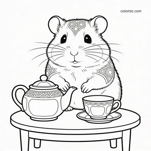 A cute hamster sits at a tiny table with a teapot and teacup, drawn in clean black-and-white line art with patterned details.