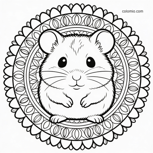 A cute front-facing hamster sits centered inside a circular seed ring mandala with bold black outlines and simple details.