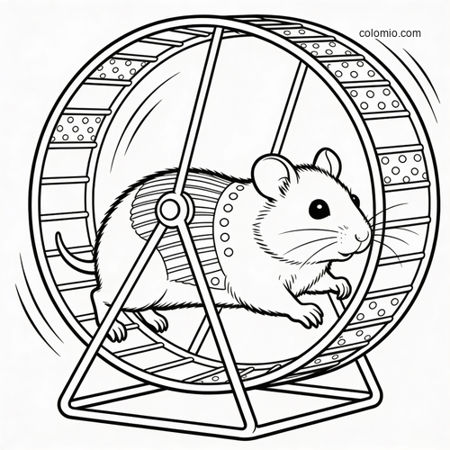 A detailed black-and-white line drawing of a hamster running inside a wheel, with textured fur and a sturdy stand.