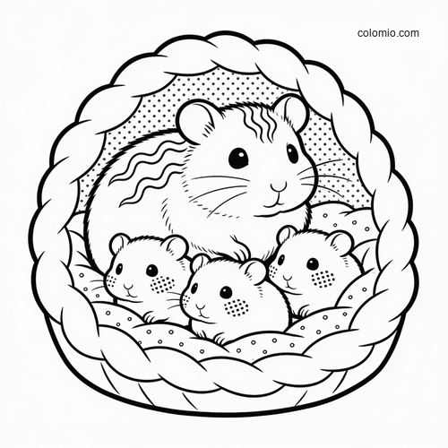 A cute cartoon hamster parent sits in a woven nest with three baby pups, drawn in simple black-and-white line art.