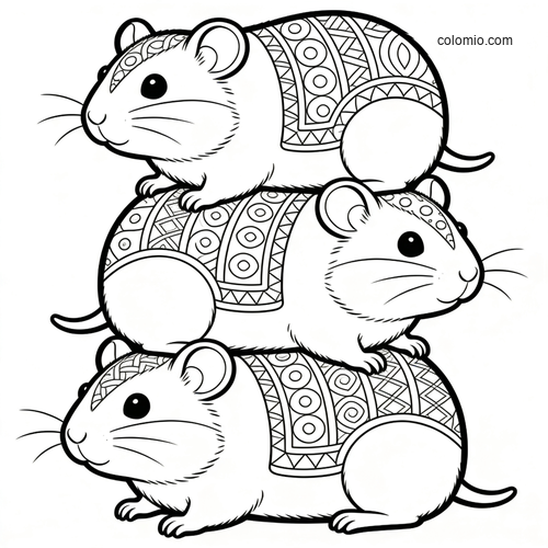 Three cute hamsters stacked in a pyramid, each with detailed patterned backs in a clean black-and-white line art style.