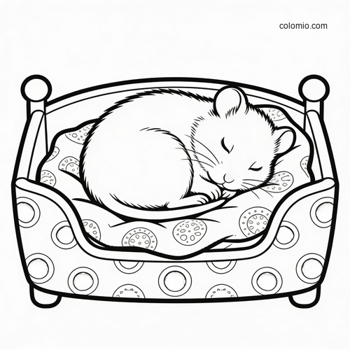 A cute hamster curled up asleep in a tiny bed with patterned bedding, drawn in simple black and white line art.