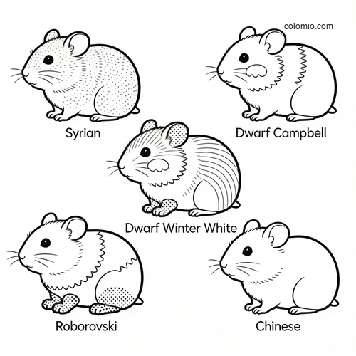 Black-and-white worksheet showing five labeled hamster species: Syrian, Dwarf Campbell, Dwarf Winter White, Roborovski, and Chinese.