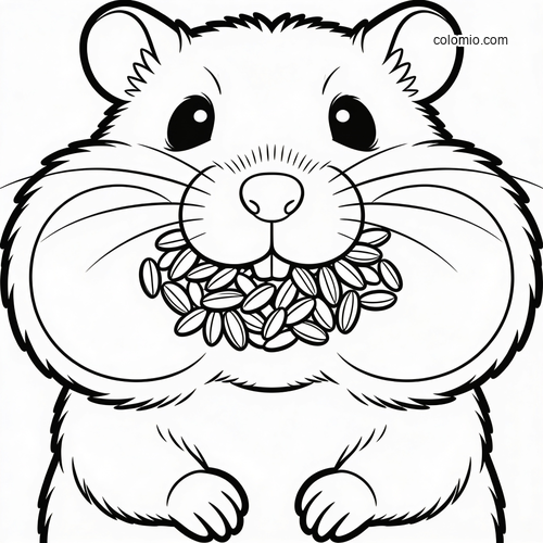 Front-facing close-up of a cute hamster with bulging cheeks full of seeds, drawn in simple black and white line art.