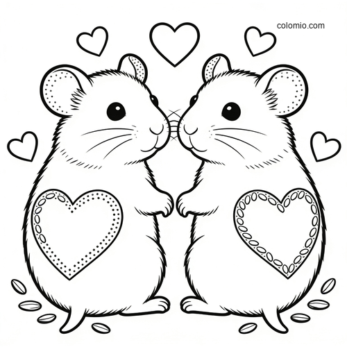 Two cute hamsters facing each other with large heart shapes on their sides and small hearts above in a simple black-and-white style.