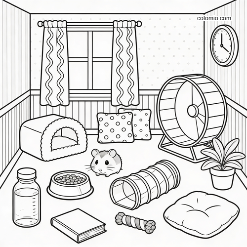 A cute hamster in a cozy room with a wheel, tunnel, bed, food bowl, book, bottle, pillows, and a plant in line art.