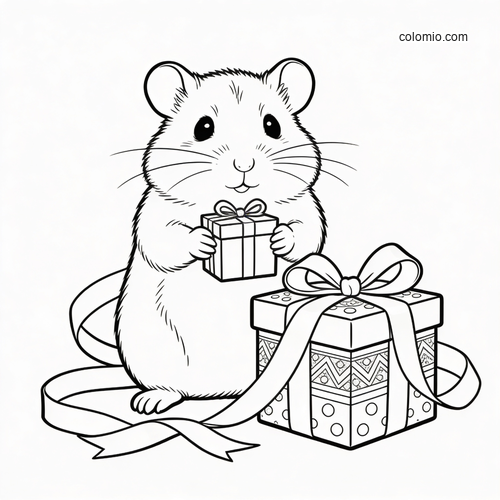 A cute hamster stands holding a small wrapped present beside a larger gift box with ribbon in simple black-and-white line art.