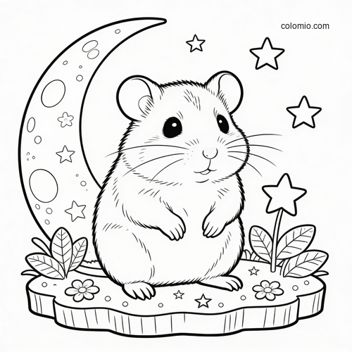A cute hamster stands in a tiny garden under a crescent moon and stars in a clean black-and-white line art style.