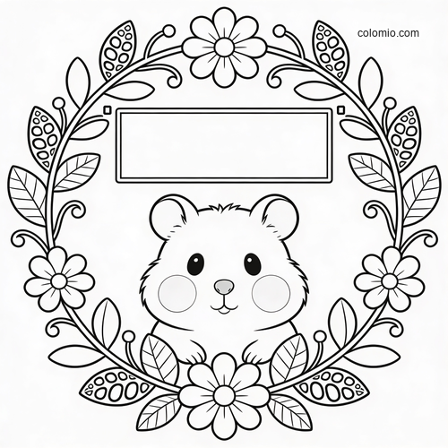 Black-and-white coloring page of a cute hamster centered inside a floral wreath with a blank quote banner above.