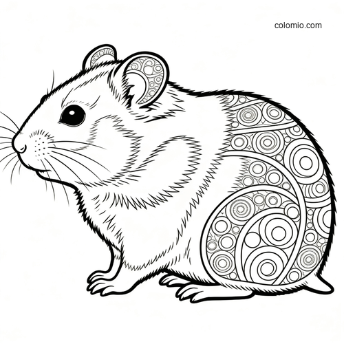 A realistic hamster shown in side profile, with detailed fur lines and circular decorative patterns across its back and body.