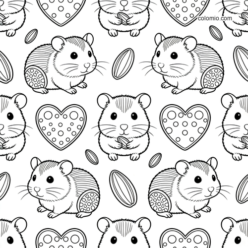 Black-and-white repeat tile pattern with cute hamsters, heart shapes, and sunflower seeds in a simple cartoon style.