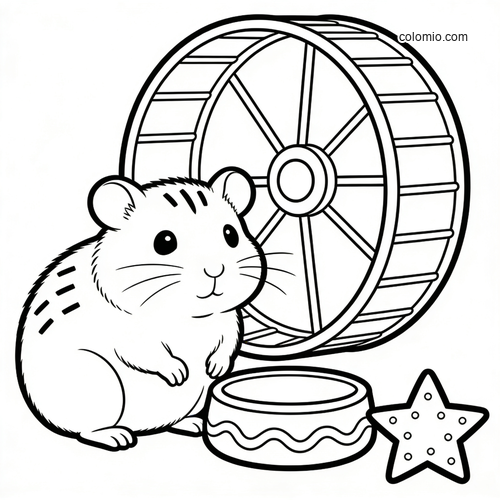 A simple black-and-white hamster sits beside a wheel, food bowl, and star toy in a clean cartoon outline style.