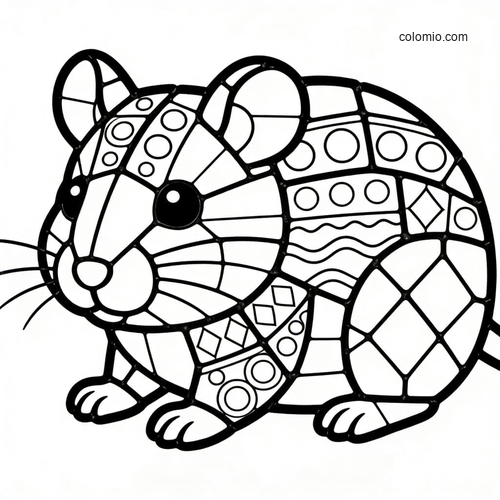 A cute hamster drawn in a stained glass mosaic style with bold black outlines and patterned geometric sections.