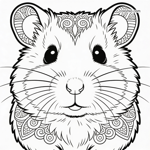 Front-facing Syrian hamster portrait with fluffy cheeks, bold outlines, and detailed decorative patterns in the ears and fur.