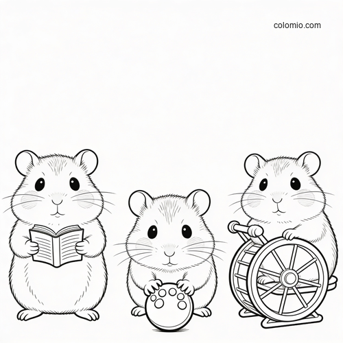 Black-and-white line art of three cute hamsters, one reading a book, one holding a ball, and one running in a wheel.