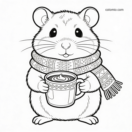 A cute hamster wearing a patterned winter scarf and holding a mug of hot cocoa in a clean black-and-white line art style.