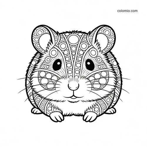 Front-facing hamster with fluffy fur and detailed zentangle patterns across its face, ears, and body in black and white.