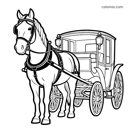 Zwart-witte lijntekening van een aangespannen paard dat een klassieke koets trekt met lantaarns en grote spaakwielen.