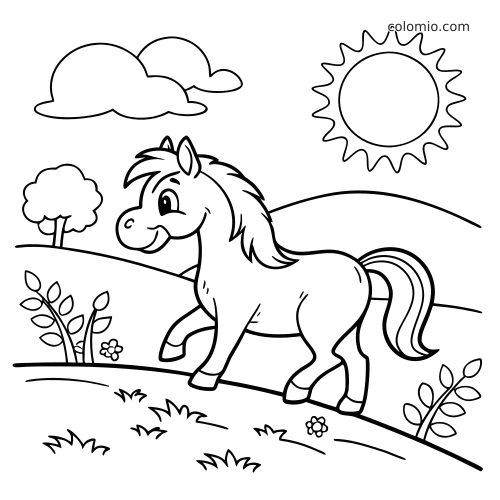 Un cheval de style cartoon souriant se tient dans un pré, avec le soleil, des nuages, des collines, des fleurs et de petits arbres.