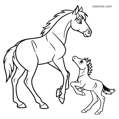 Dessin au trait d’une jument debout et de son poulain levant la tête vers elle, avec des contours épais et des poses vives.
