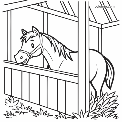 Cheval de dessin animé vu de profil dans une écurie, avec un licol, du foin et de l’herbe autour du box.