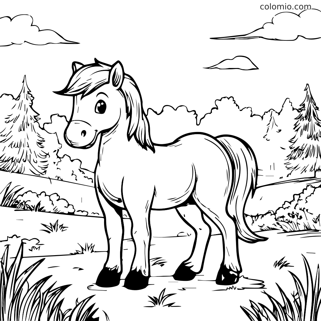 Een schattig pony staat in een grasveld omringd door bomen en wolken, klaar om ingekleurd te worden.