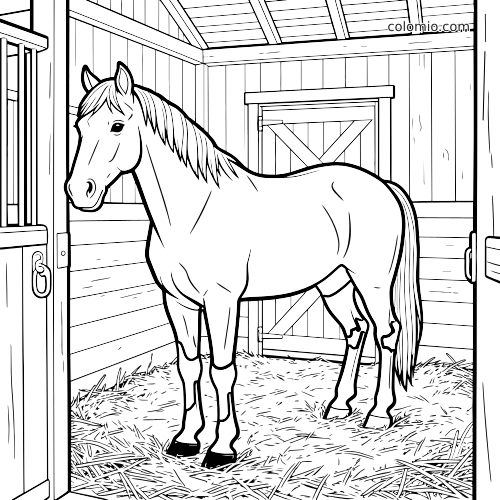 Cheval détaillé debout dans un box d’écurie sur de la paille, avec parois en bois, porte et poutres visibles.
