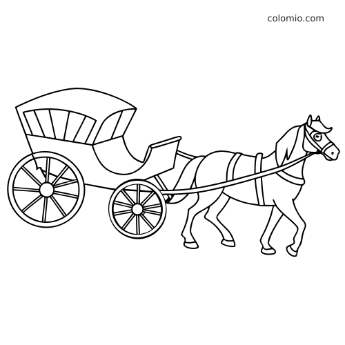 Dessin au trait simple d’un cheval de profil tirant une calèche avec de grandes roues et peu de détails.