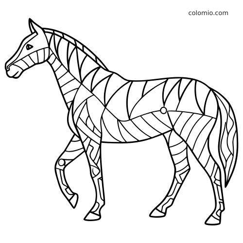 Cheval zentangle facile en noir et blanc, vu de profil et debout, avec de larges motifs abstraits sur le corps.