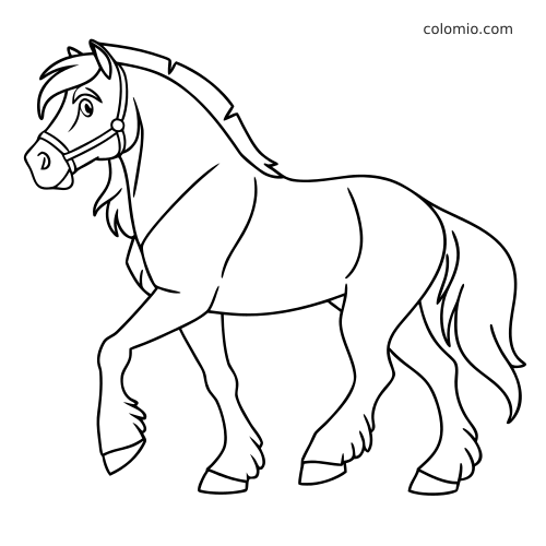 Un cheval Tinker en dessin au trait, vu de profil, avec des fanons aux jambes, un licol et un sabot avant levé.