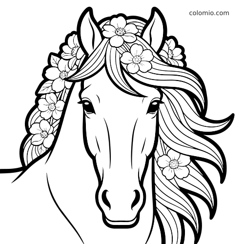 Portrait en noir et blanc d’une tête de cheval de face, avec une longue crinière ornée de fleurs autour des oreilles.