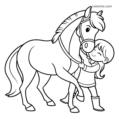 Une fille souriante serre dans ses bras un cheval calme portant une bride, dans un dessin au trait en noir et blanc.